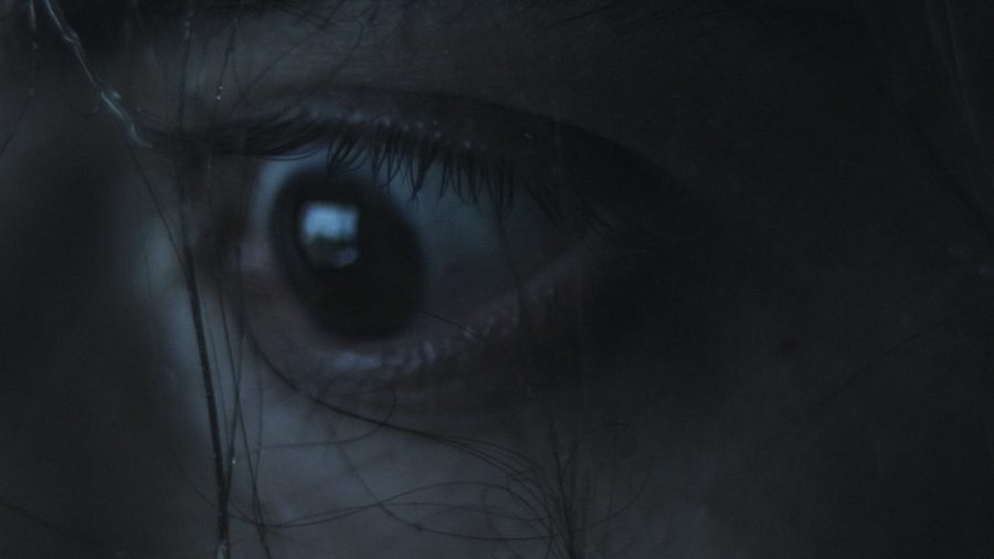 Extreme close-up of an eye in blue-grey light