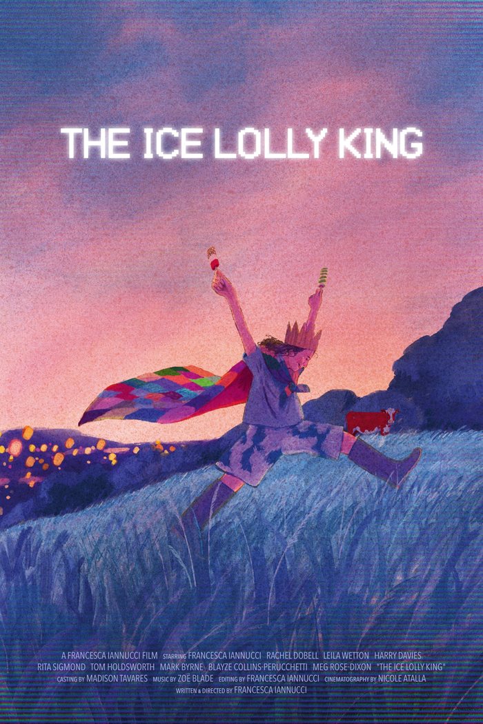 Poster for The Ice Lolly King: an illustrated figure in a paper crown and patchwork cape leaps through tall grass at dusk, holding two ice lollies